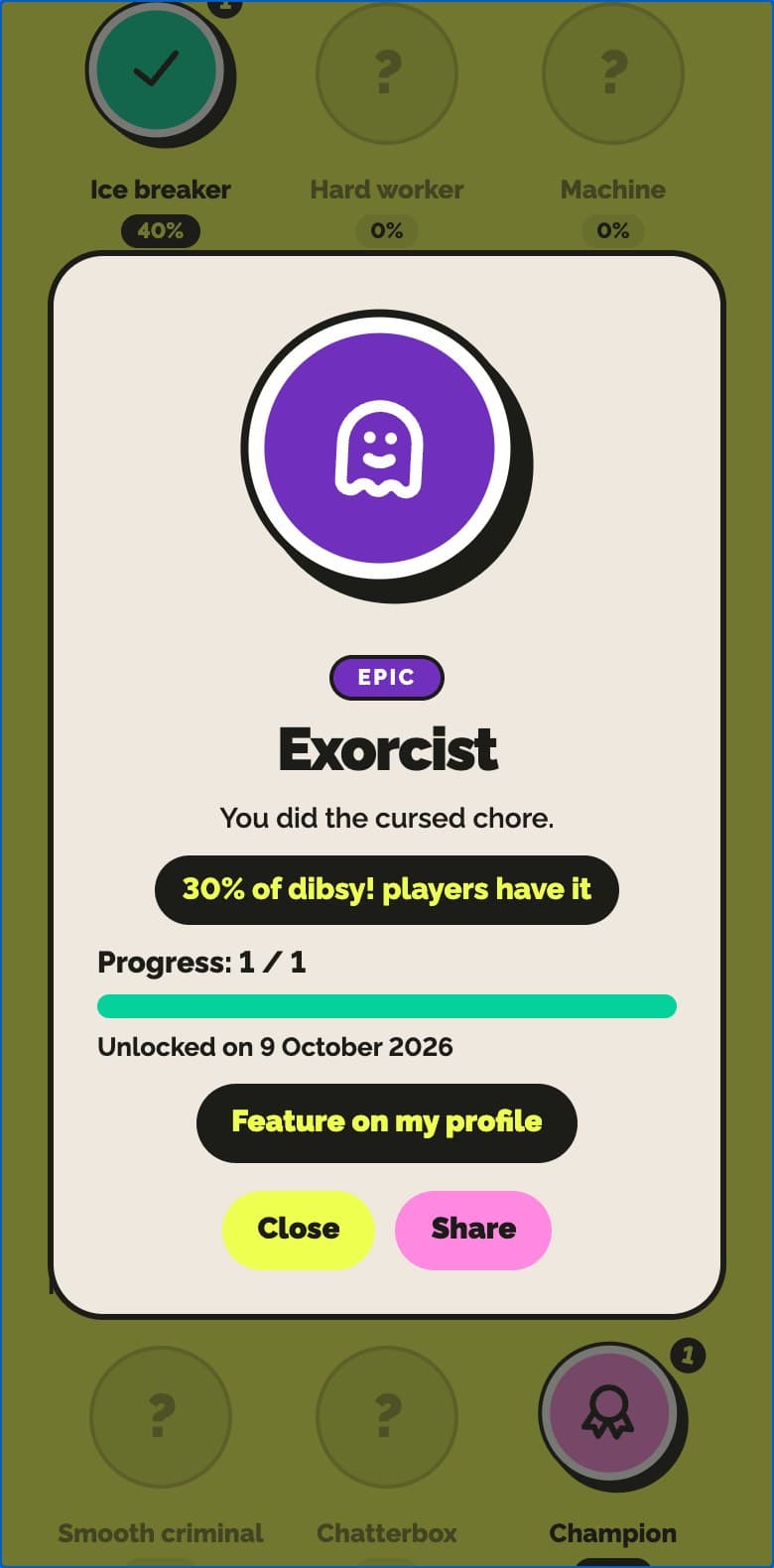 An achievement card in dibsy!