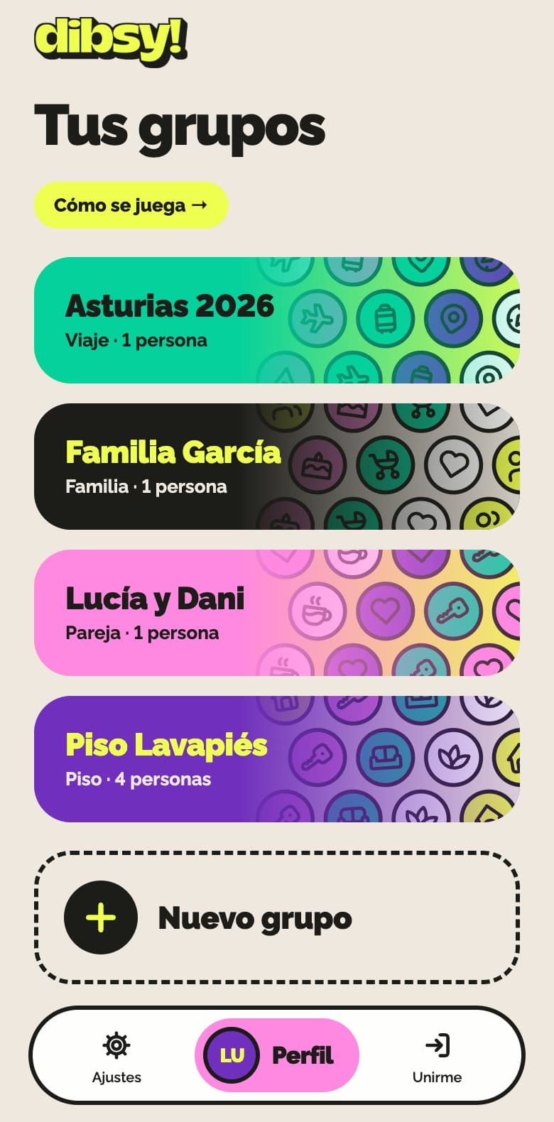 Lista de grupos en la app dibsy!