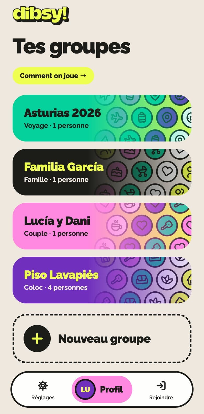 Liste des groupes dans l’appli dibsy!