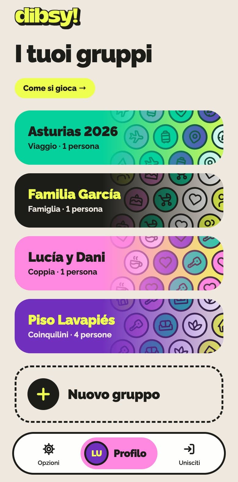 Elenco dei gruppi nell'app dibsy!