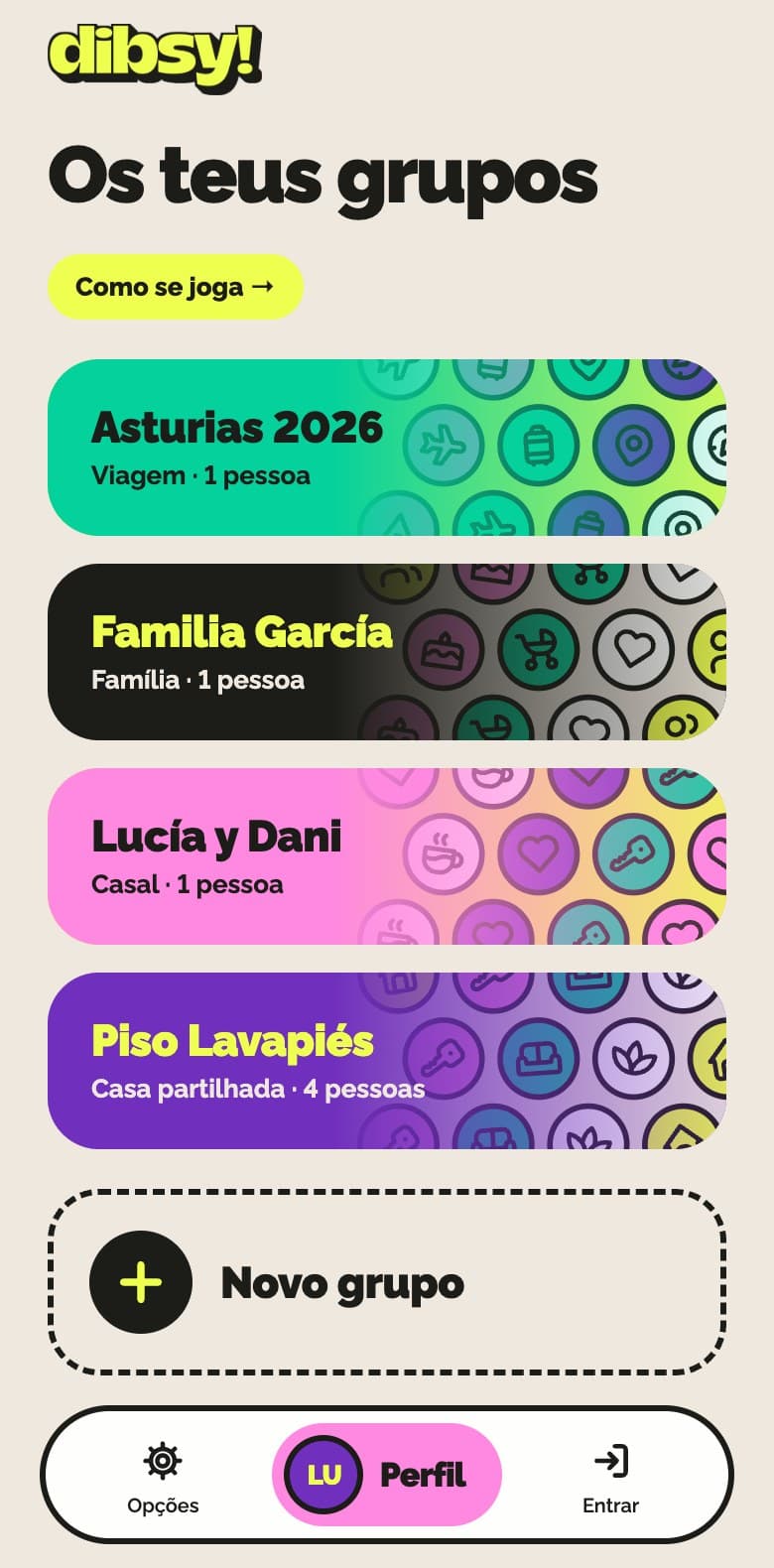 Lista de grupos na app dibsy!