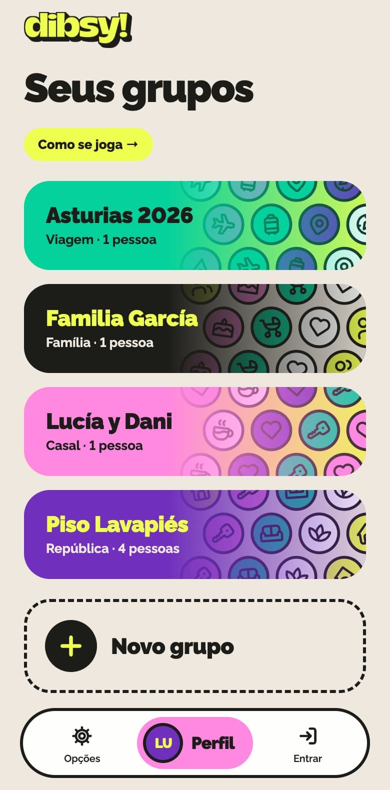 Lista de grupos no app dibsy!